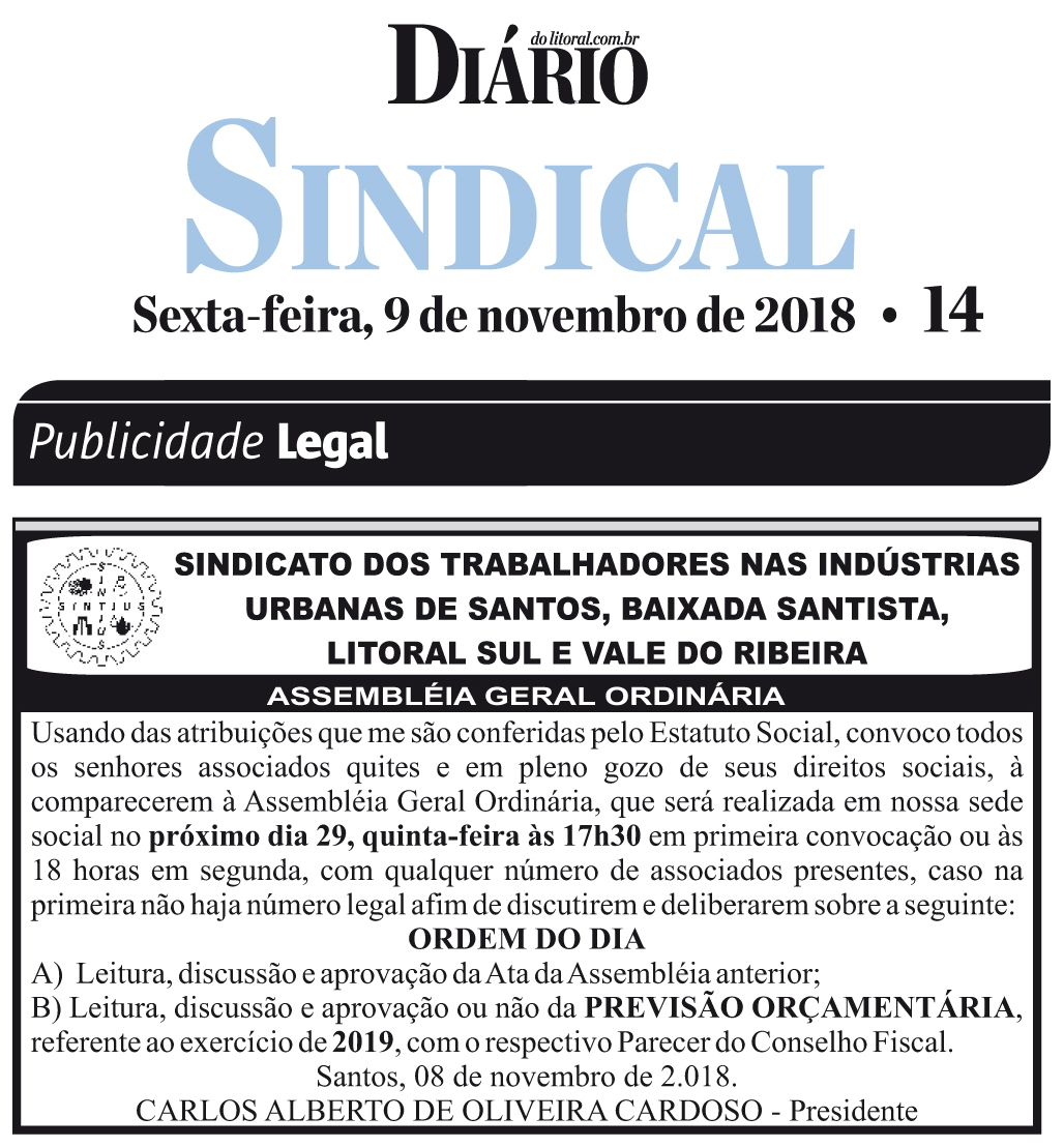 ASSEMBLEIA DE PREVISÃO ORÇAMENTÁRIA OCORRERÁ DIA 29/11/18, AS 18 HORAS, NA SEDE