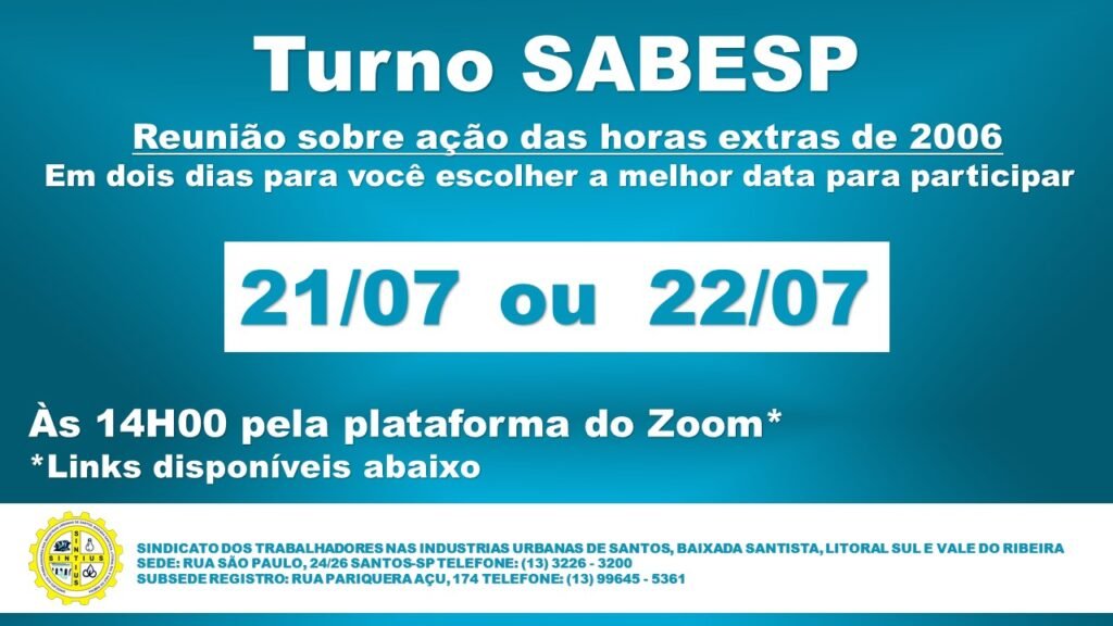 Turno da sabesp 21 07 e 22 07