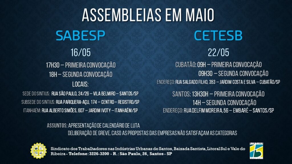 TRABALHADORES DA CETESB E DA SABESP REALIZAM ASSEMBLEIAS PARA DELIBERAR CALENDÁRIO DE LUTA