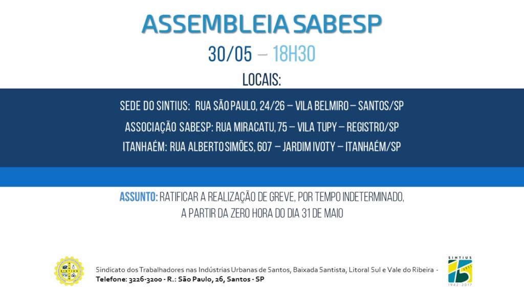 ASSEMBLEIA PARA TRABALHADORES DA SABESP, HOJE, DIA 30, ÀS 18H30