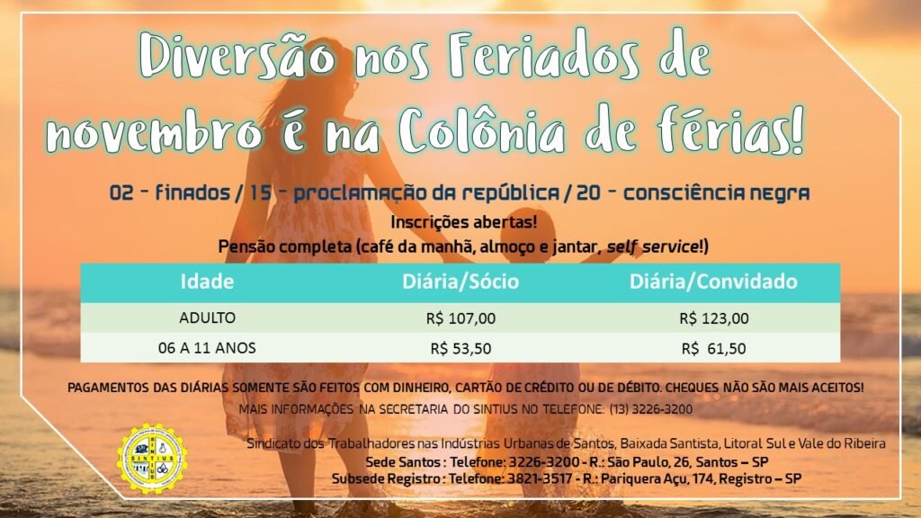 COLÔNIA DE FÉRIAS ESTÁ COM INSCRIÇÕES ABERTAS PARA OS FERIADOS DE NOVEMBRO