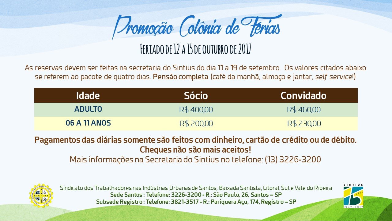 Colônia de Férias feriado de outubro