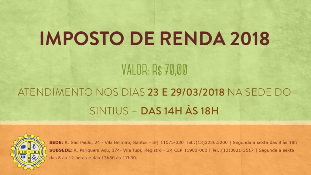 SINTIUS FAZ ATENDIMENTO DO IMPOSTO DE RENDA NOS DIAS 23 E 29 DE MARÇO, NA SEDE!