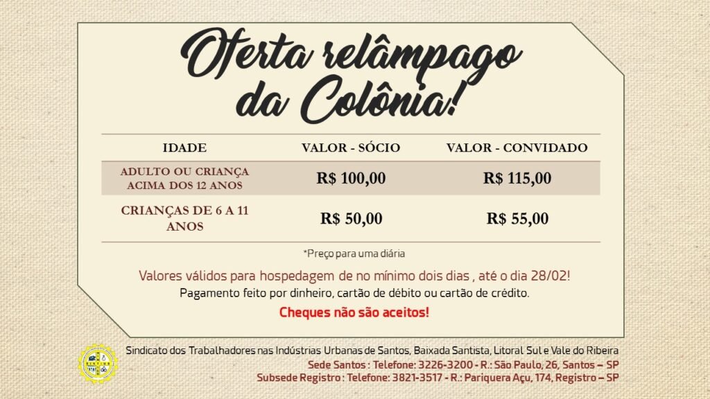 COLÔNIA FAZ PROMOÇÃO RELÂMPAGO E BAIXA VALORES DAS HOSPEDAGENS ATÉ DIA 28/02