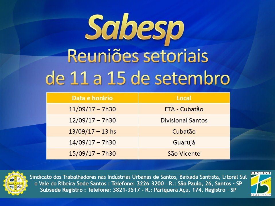 Sabesp setoriais de 11 a 15 de setembro