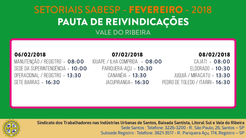 REUNIÕES SETORIAIS NAS UNIDADES DA SABESP NO VALE DO RIBEIRA VÃO DE 06 A 08/02/18