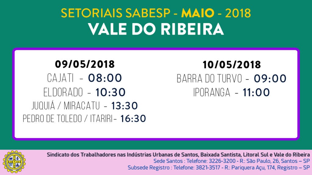 DIRETORIA DIVULGA CALENDÁRIO DE REUNIÕES SETORIAIS NO VALE DO RIBEIRA NOS DIAS 9 E 10