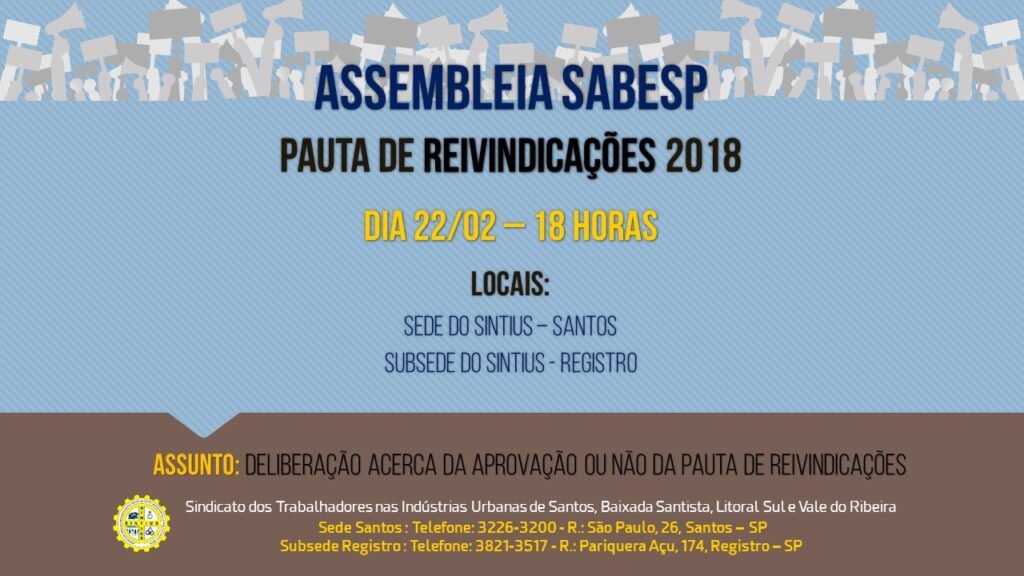PAUTA DE REIVINDICAÇÕES DOS TRABALHADORES DA SABESP SERÁ DISCUTIDA DIA 22/02/18