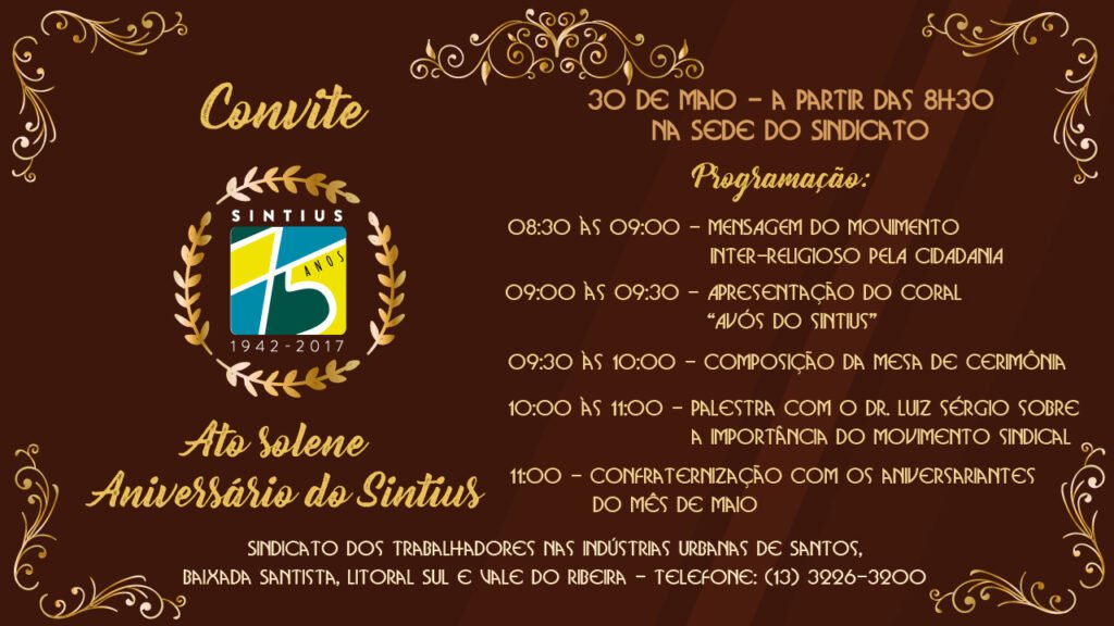 SINTIUS COMEMORA ANIVERSÁRIO DE 75 ANOS EM ATO SOLENE QUE OCORRERÁ NA SEDE NO DIA 30