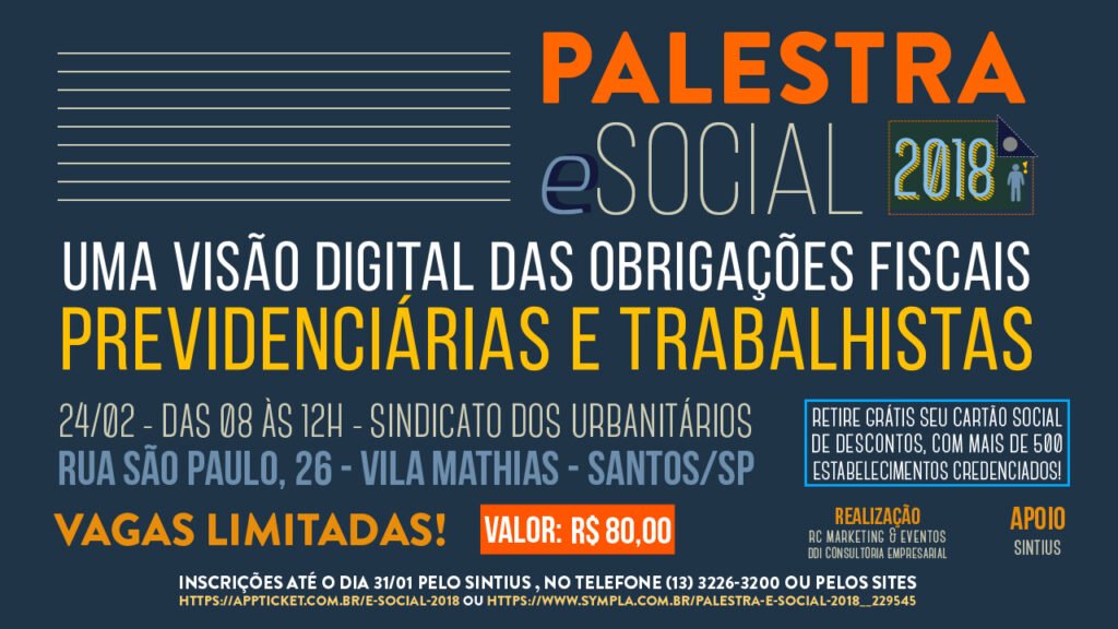 EMPRESA CONVENIADA FAZ PALESTRA NO SINDICATO SOBRE eSOCIAL. INSCRIÇÕES ATÉ 31/01!