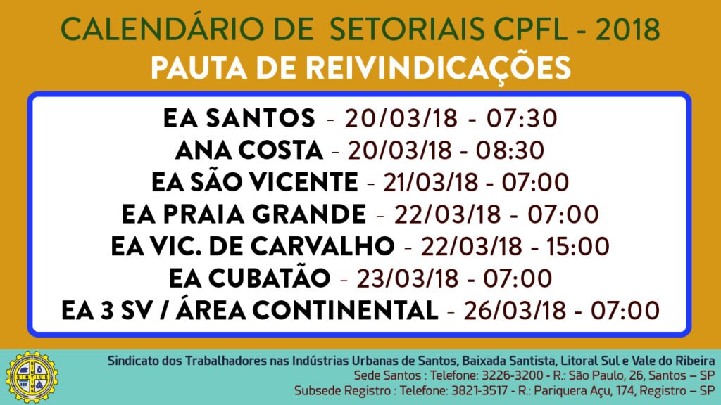 DIRETORIA DIVULGA CALENDÁRIO DE SETORIAIS DA CPFL