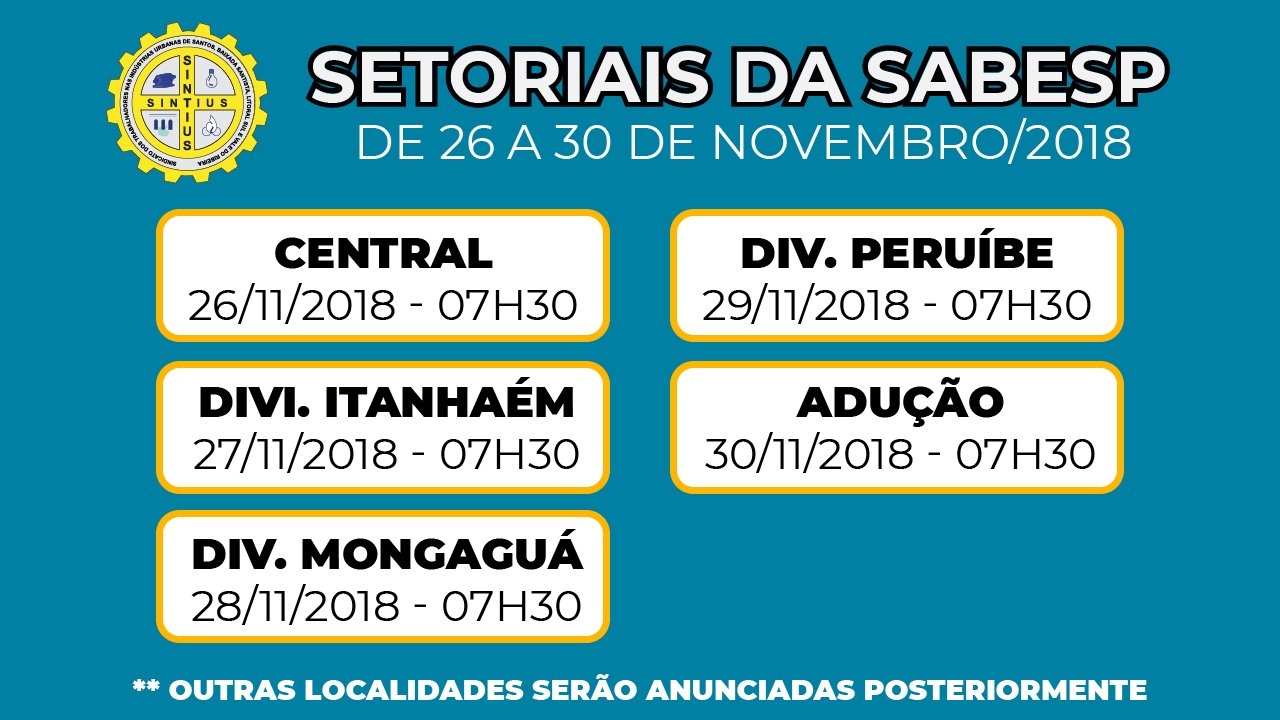 REUNIÕES SETORIAIS NAS UNIDADES DA SABESP CONTINUAM NA SEMANA DE 26 À 30 DE NOVEMBRO/2018